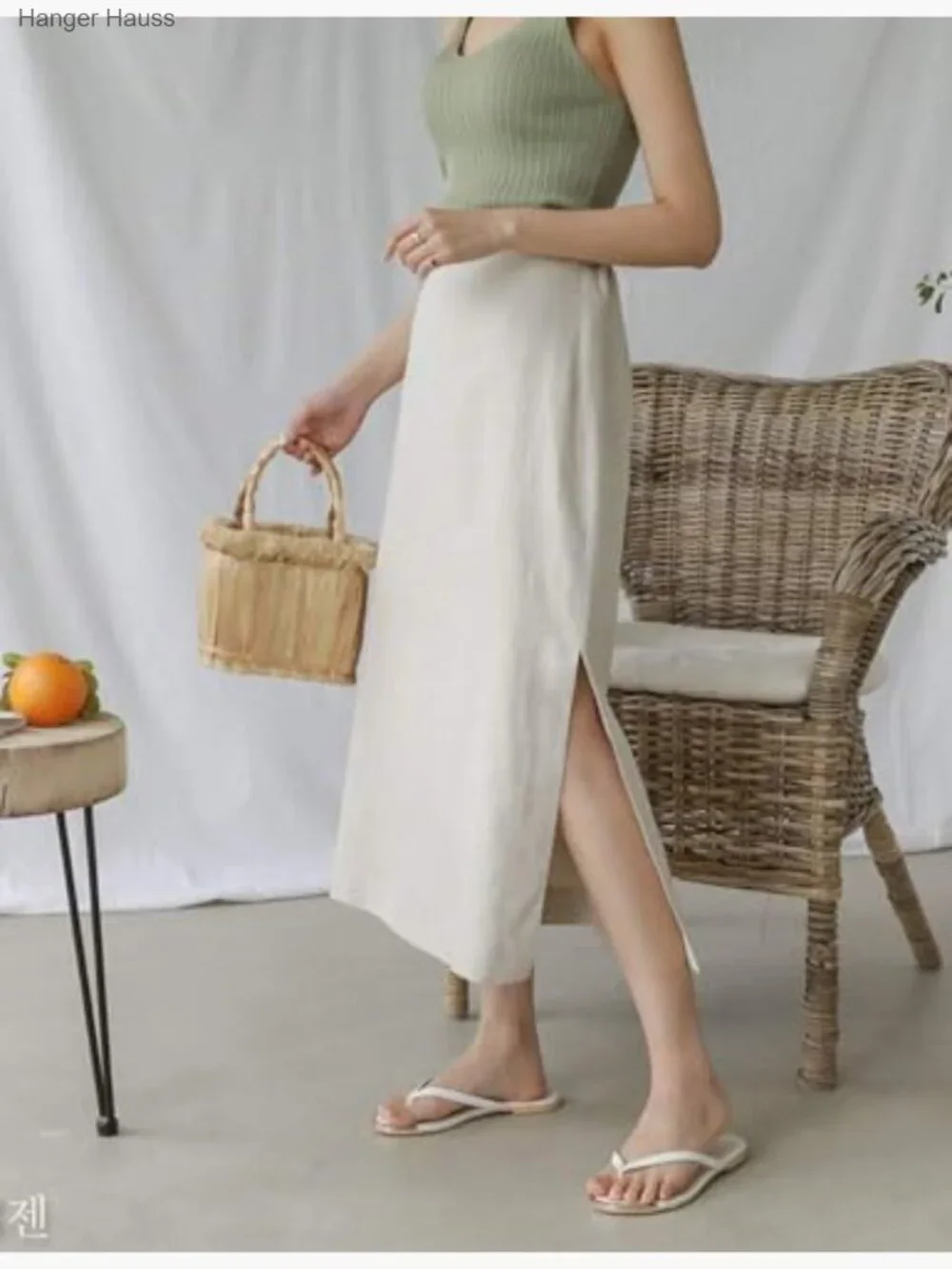High Waisted Straight Fit Linen Long Skirt with Slit Midi - Picture 5 of 6